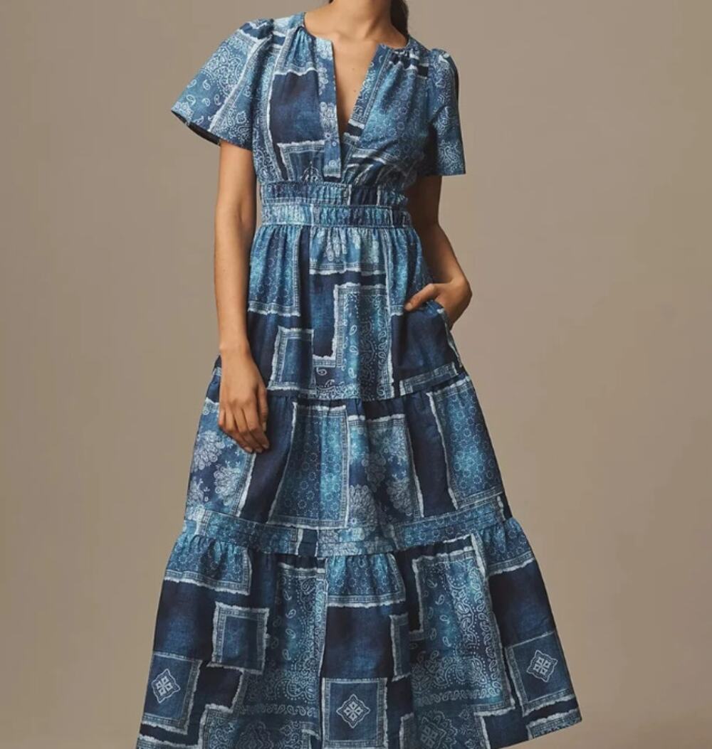 Anthropologie The Somerset Maxi Dress Blue Patchwork Bandana (S)